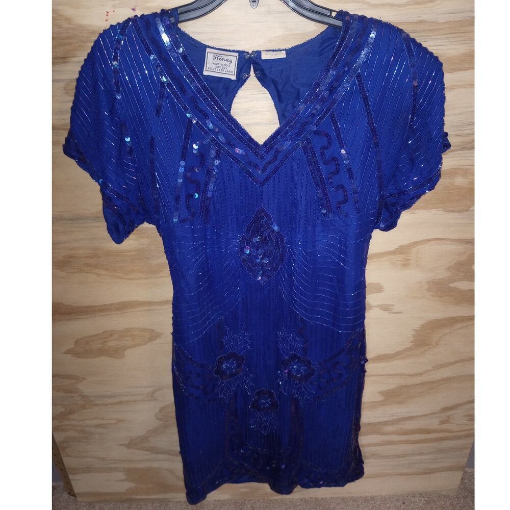 Women's Stenay Beaded Blue Dress VTG Cocktail Glam Retro Formal 8‎ Silk